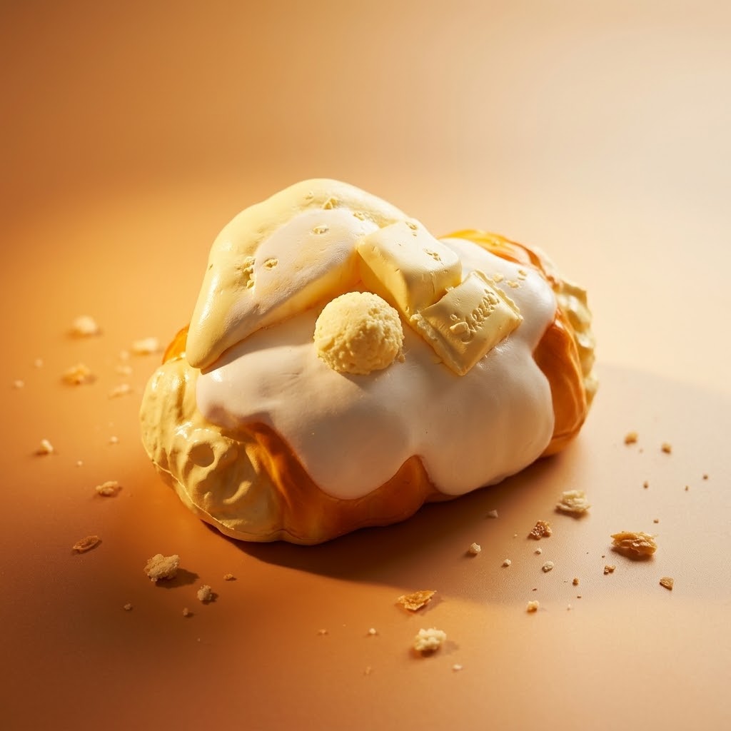 A close-up of a pastry topped with thick white icing, a small round cookie piece, and two square chocolate pieces, set on a warm orange-brown surface with scattered crumbs.
