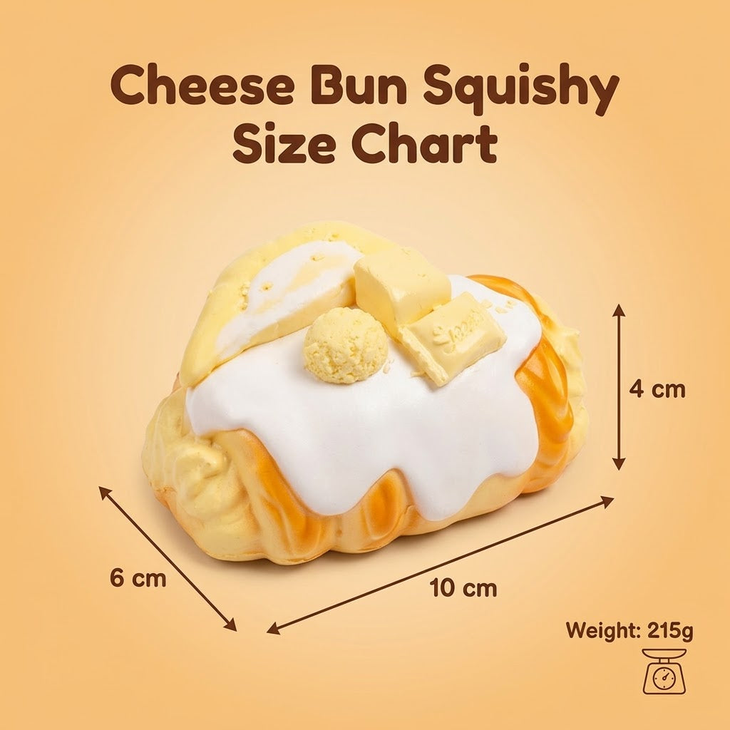 A product size chart graphic for a 'Cheese Bun Squishy' novelty item. The image features a 3D model of a cheese bun topped with white frosting, butter, and a crumb, surrounded by dimension arrows indicating measurements of 6 cm, 10 cm, and 4 cm, along with a weight of 215g.