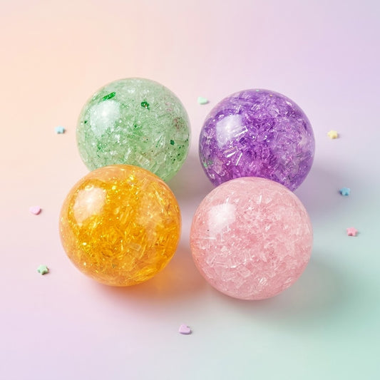 Four translucent decorative balls with embedded crystalline texture in pastel colors: green, purple, yellow, and pink, arranged on a soft gradient pastel background with small scattered star confetti.