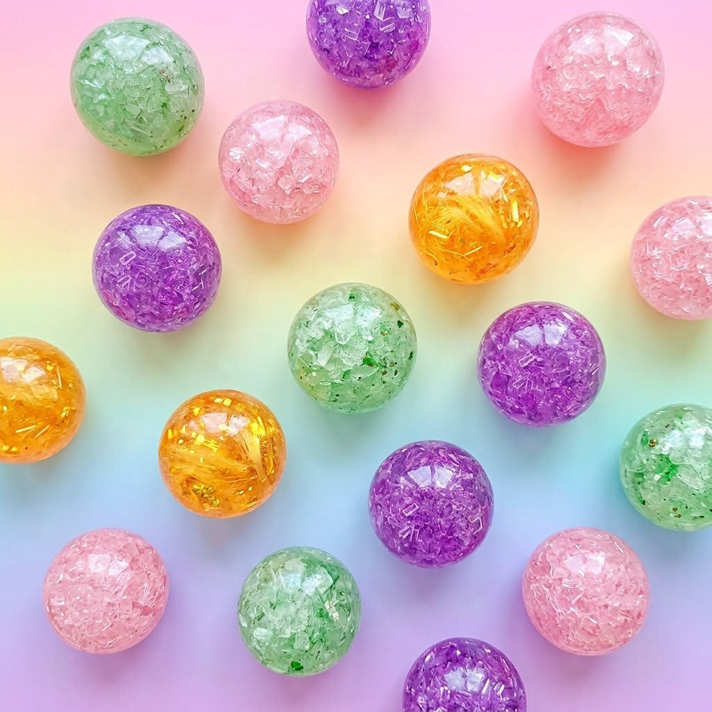 A collection of colorful, spherical resin beads with a textured crackle finish, scattered on a pastel rainbow gradient background.