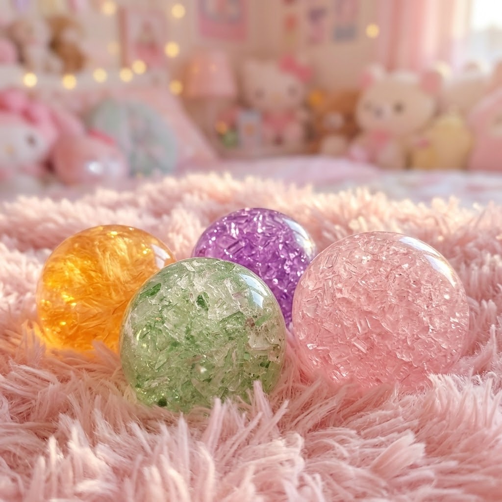 Four translucent decorative balls in yellow, green, purple, and pink, each filled with glitter or crystalline texture, resting on a fluffy pink blanket in a soft, pastel room setting.