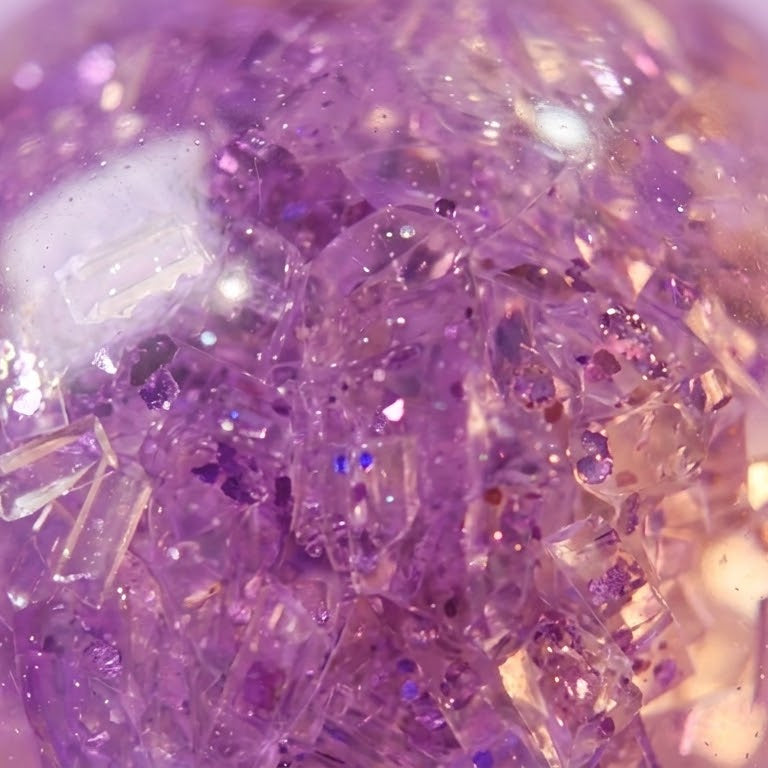 A close-up of a translucent purple glittery sphere filled with crushed glass, crystals, and fine glitter, set against a soft lavender background.