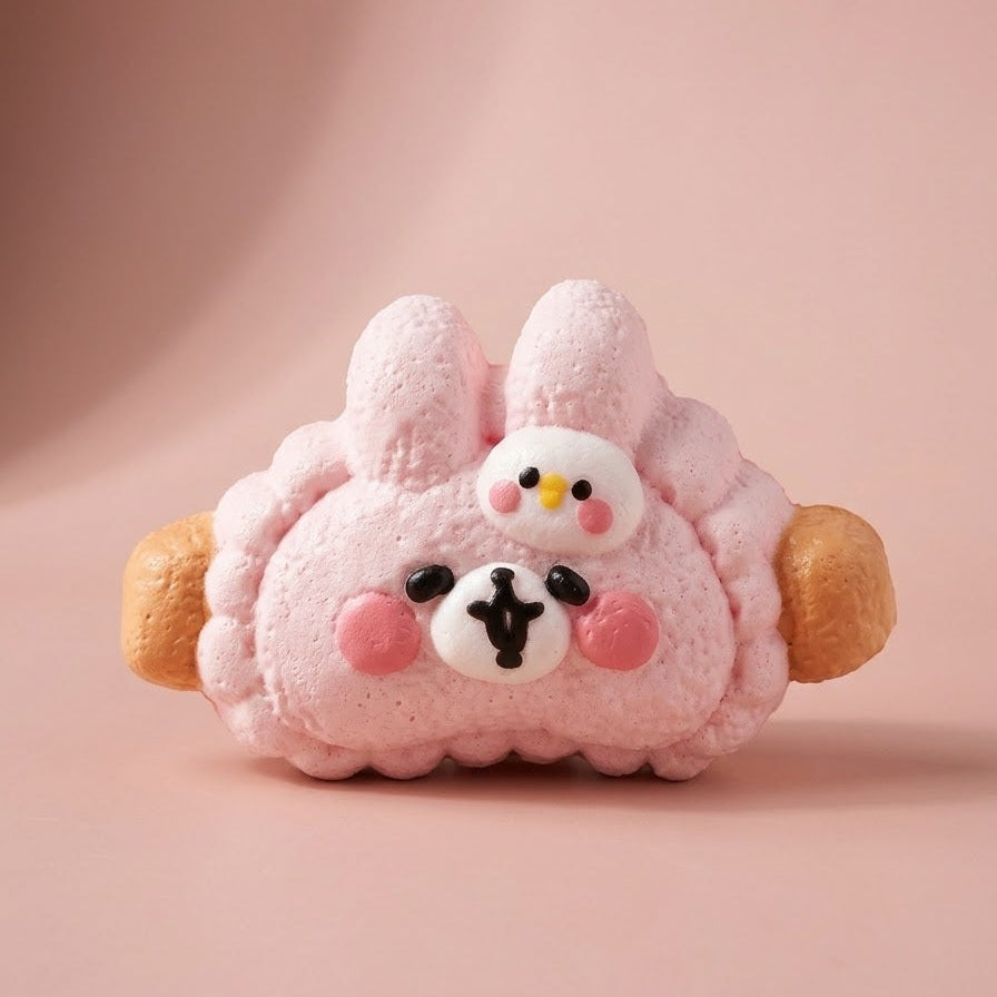A pink plush bunny-shaped accessory with a small white bunny on its head, pink cheeks, black facial features, and tan side details, photographed on a soft pink studio background.
