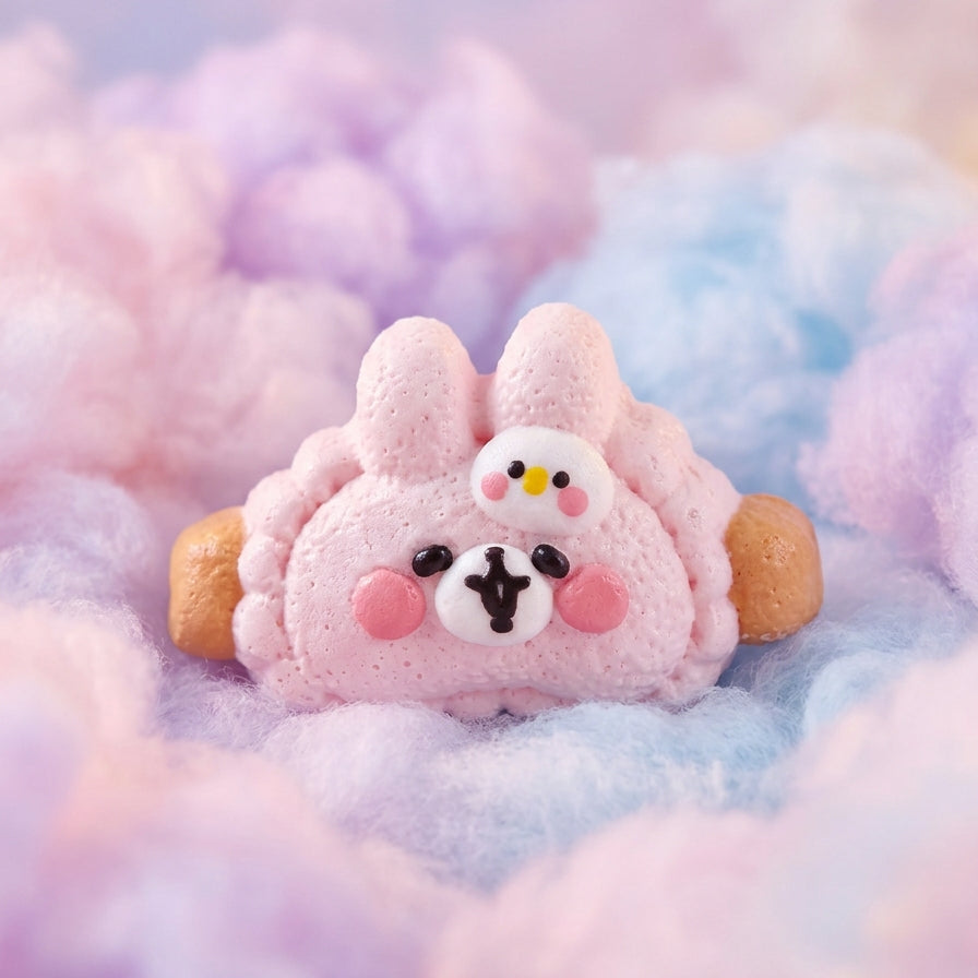 A cute pink plush bunny toy with a small white rabbit on its head, resting on a bed of fluffy pastel pink, purple, and blue cotton-like clouds.