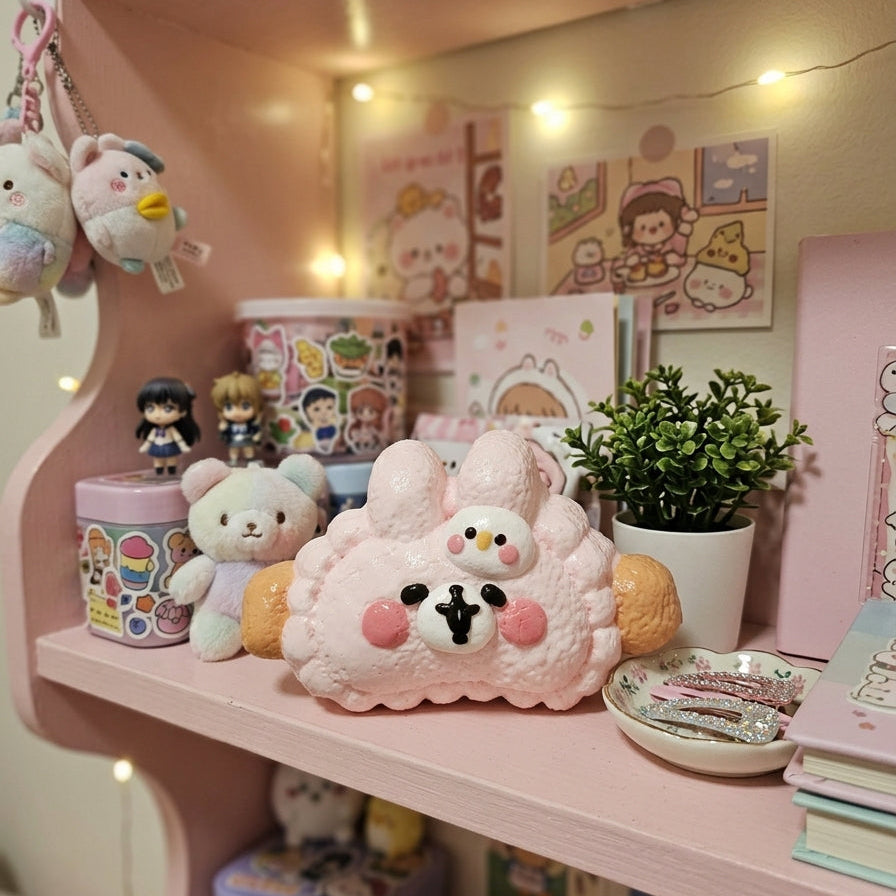 A pink plush cloud-shaped pillow with a cute cartoon face sits on a pink shelf in a cozy, decorated room with string lights, stickers, and small accessories.