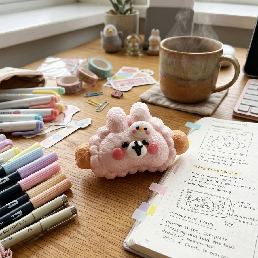A pink fluffy cloud-shaped plush toy with a smiling face sits on a wooden desk surrounded by stationery items, including pens, a notebook, a mug, and a laptop.
