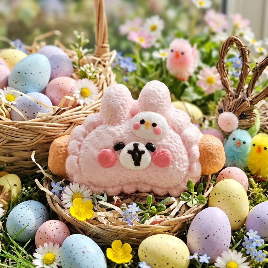 A pink fuzzy bunny-shaped decorative item with a white face and black nose, surrounded by pastel Easter eggs, small daisies, moss, and woven baskets in a garden-style setting.