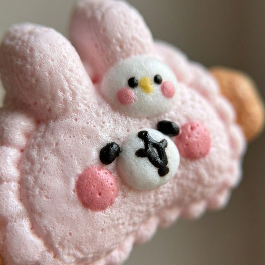 A close-up of a pink bunny-shaped marshmallow or foam snack with white bunny faces, pink cheeks, and small black and yellow details, set against a soft beige background.