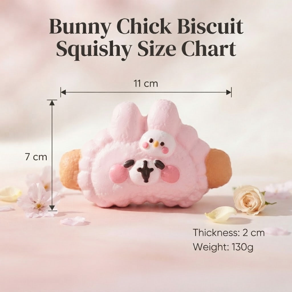 A pink plush bunny biscuit with a small white bunny on its head, shown with overlaid size measurements reading 11 cm wide by 7 cm tall, plus text stating thickness 2 cm and weight 130g. The scene is softly styled with pale flowers on a light pink background.