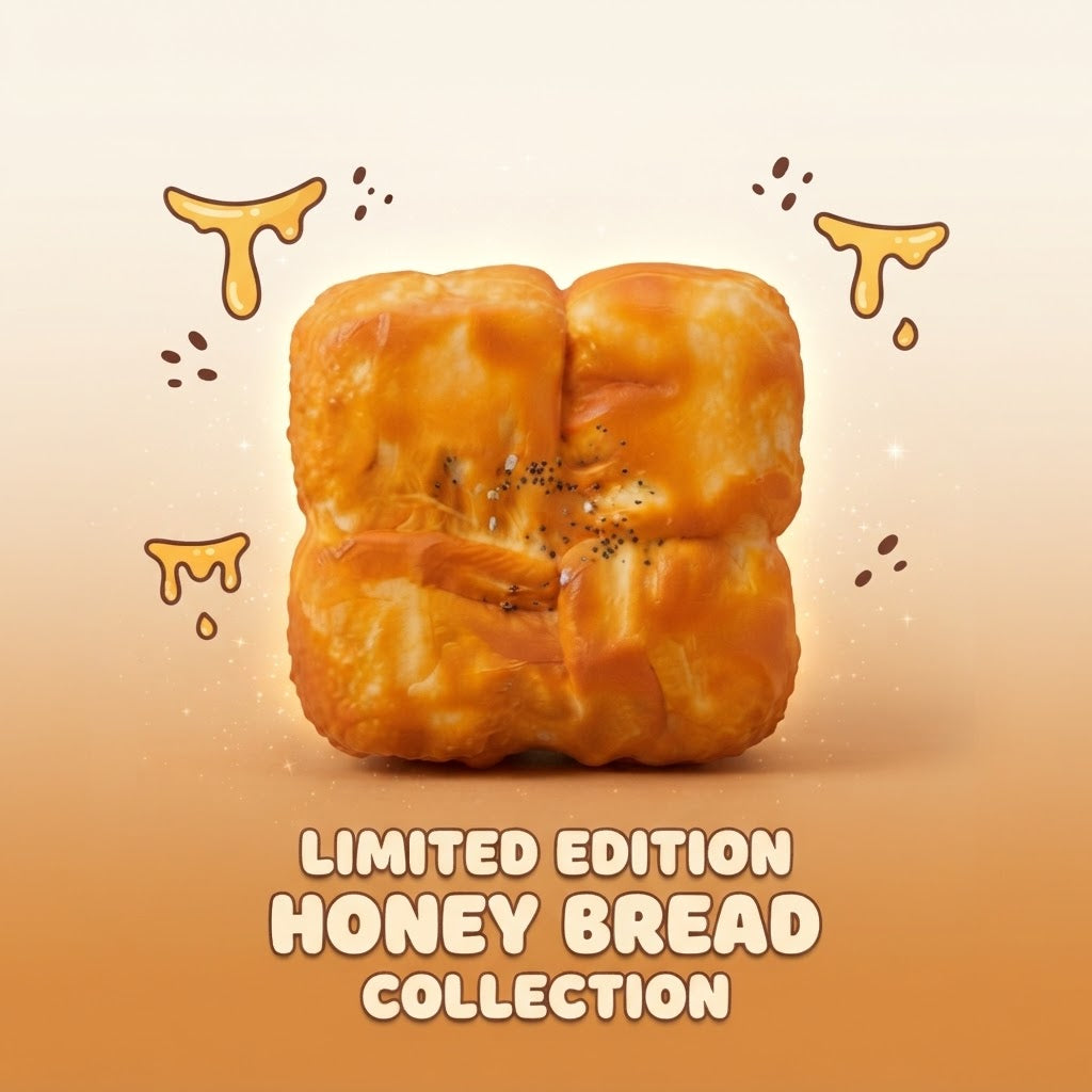 A single glazed honey bread loaf centered on a warm beige-to-orange gradient background with decorative honey-drip illustrations and the text 'LIMITED EDITION HONEY BREAD COLLECTION' below.
