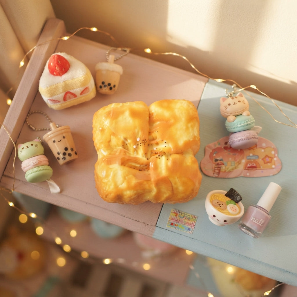 A styled tabletop display featuring a large golden-brown bread or pastry-shaped item in the center, surrounded by small cute accessories including macarons, boba tea cups, a cake slice, a nail polish bottle, and string lights on a pastel surface.