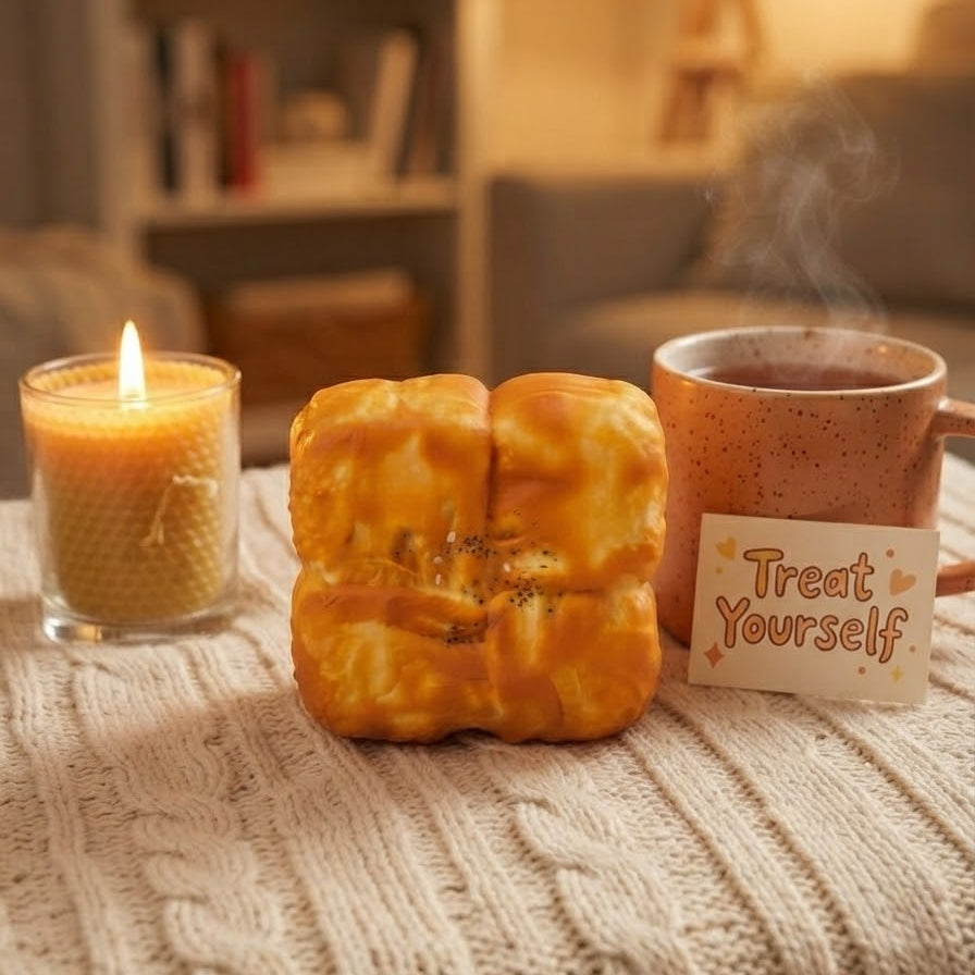 A cozy lifestyle scene featuring a golden-brown baked pastry in the center, flanked by a lit candle on the left and a steaming mug with a 'Treat Yourself' tag on the right, all arranged on a cream cable-knit blanket in a warm, softly blurred living room setting.