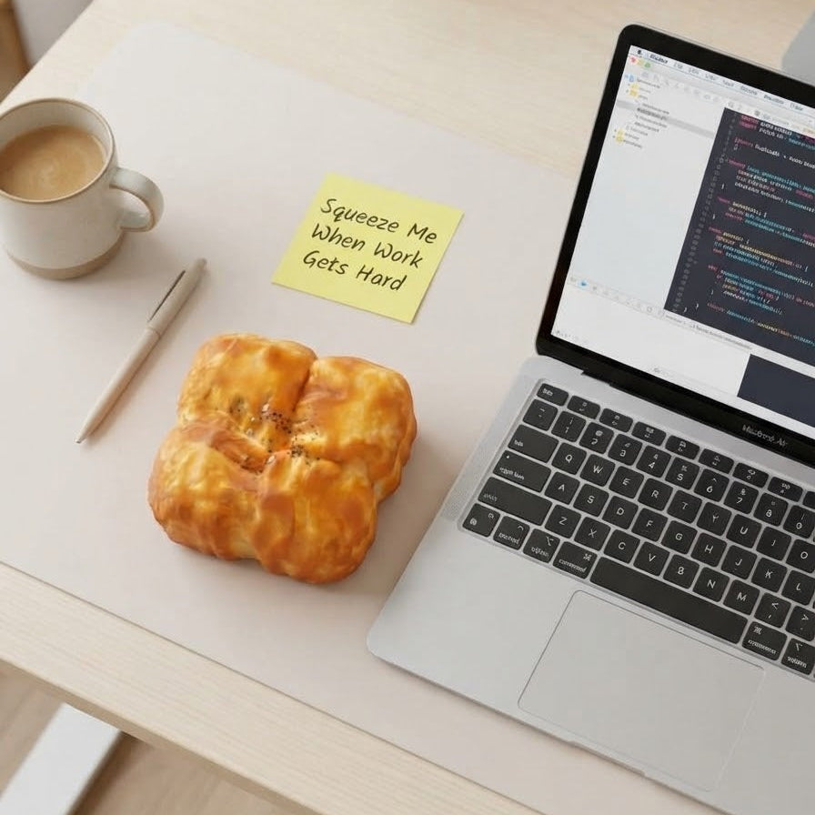 A square, golden-brown novelty stress toy designed to look like a baked bread roll sits on a light wood desk next to a laptop, a coffee cup, and a yellow sticky note that reads 'Squeeze Me When Work Gets Hard'.