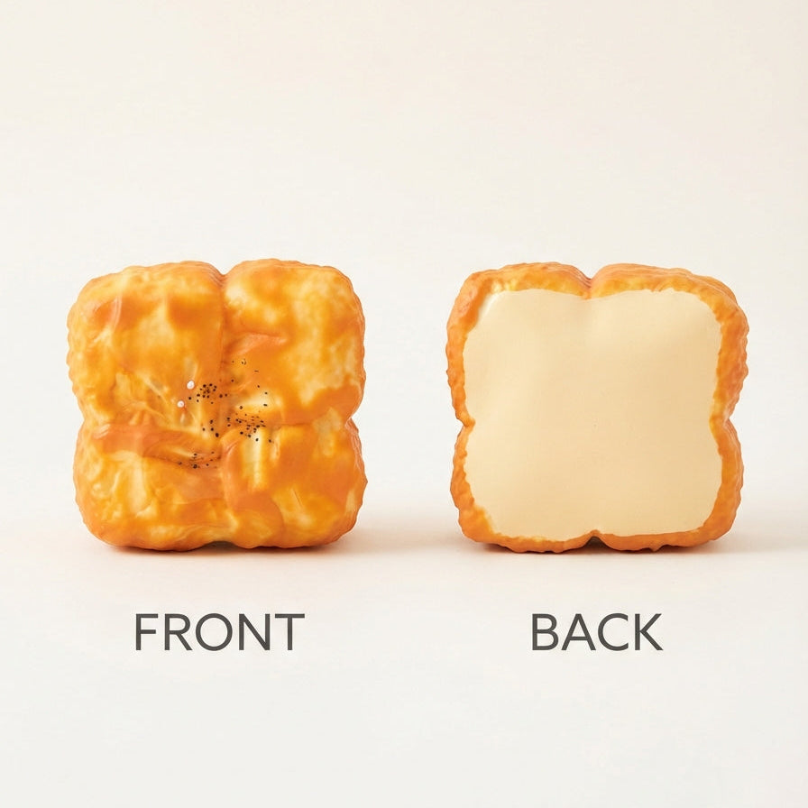 Two novelty bread-like items shown side by side on a plain light background, labeled FRONT and BACK. The left item has a textured golden-brown crust and a dark center; the right item has a smooth pale cream face with a browned edge.