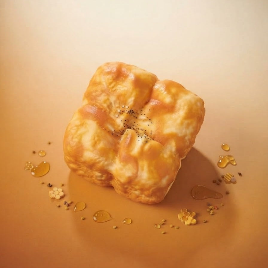 A golden-brown baked bread roll with a scored top, styled on a warm beige background with scattered sesame seeds and honey drizzles.