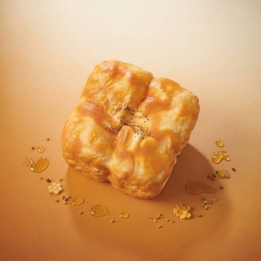 A golden-brown baked bread roll with a scored top, styled on a warm beige background with scattered sesame seeds and honey drizzles.