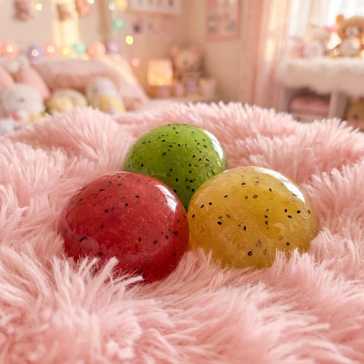 Three glossy, translucent spherical objects in red, green, and yellow, each speckled with tiny black dots, resting on a fluffy pink blanket in a softly blurred bedroom setting.