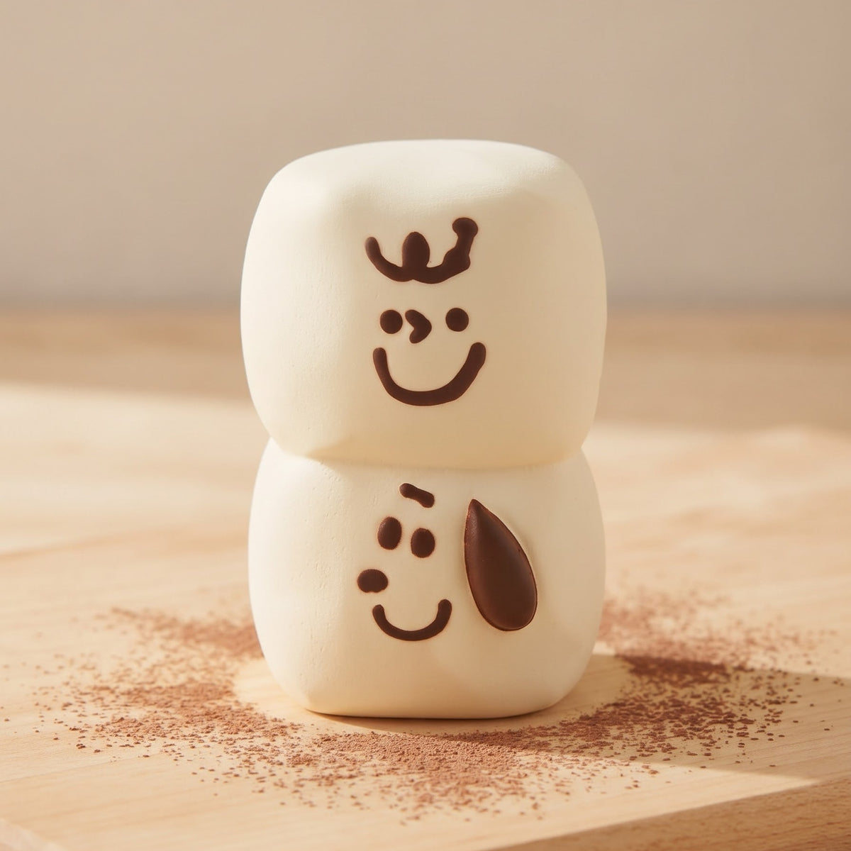 Two stacked marshmallows decorated with simple brown face drawings, placed on a wooden board with scattered cocoa powder in a warm, softly lit setting.