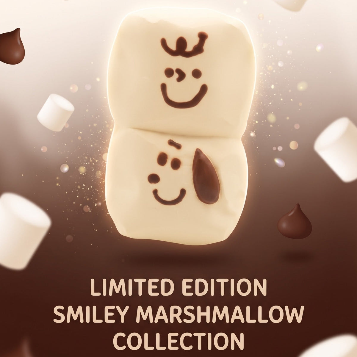 Two decorated marshmallows stacked together with simple smiley faces, surrounded by floating mini marshmallows and chocolate drizzles, with the text 'LIMITED EDITION SMILEY MARSHMALLOW COLLECTION' at the bottom.