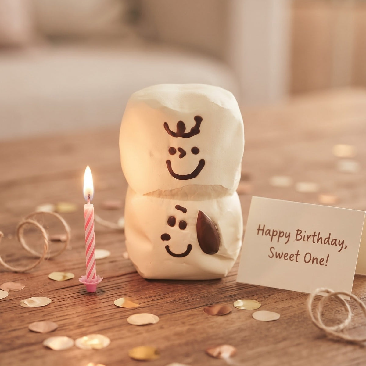 A stacked marshmallow snowman decoration on a wooden table with a lit pink candle, scattered gold confetti, and a small card that reads 'Happy Birthday, Sweet One!'.
