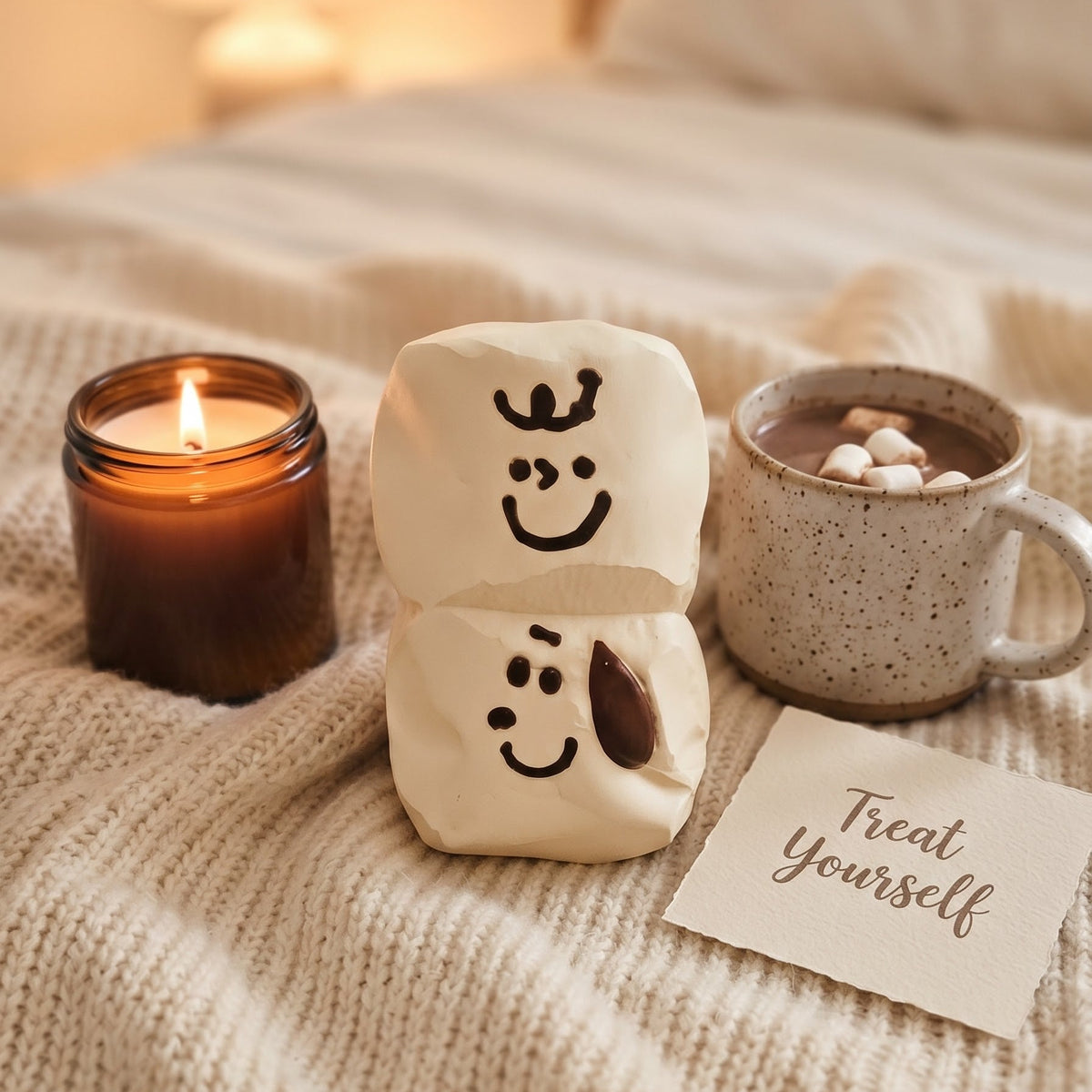 A cozy bedroom scene with a lit candle, a mug of hot chocolate with marshmallows, and a small card that says 'Treat Yourself' on a cream knit blanket. Two cream-colored marshmallows with hand-drawn smiley faces sit in the center.