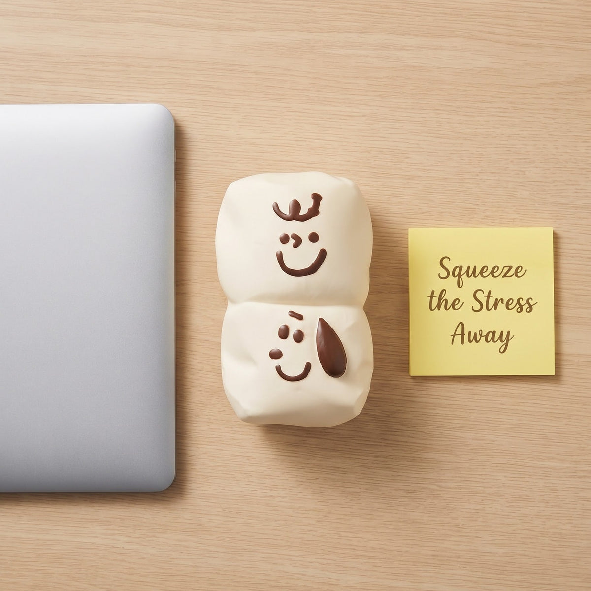 A white squishy stress toy with a dog face design sits on a light wood desk next to a closed silver laptop and a yellow sticky note that reads 'Squeeze the Stress Away'.