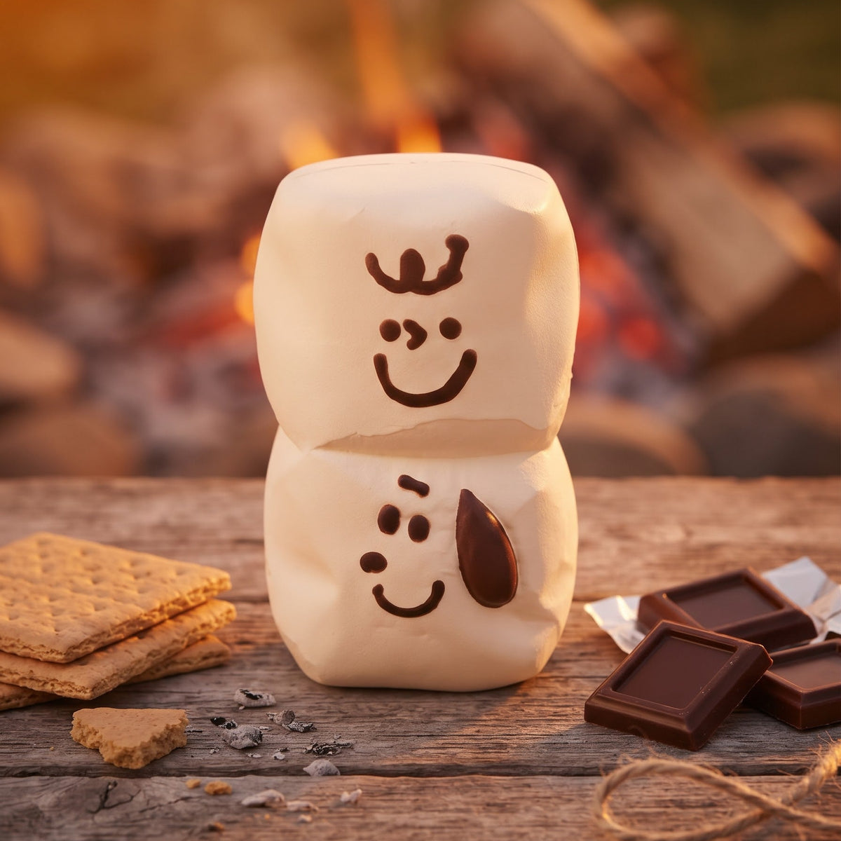 A stack of two cream-colored marshmallows decorated with chocolate faces, set on a rustic wooden table with s'mores and chocolate pieces, with a blurred campfire in the background.