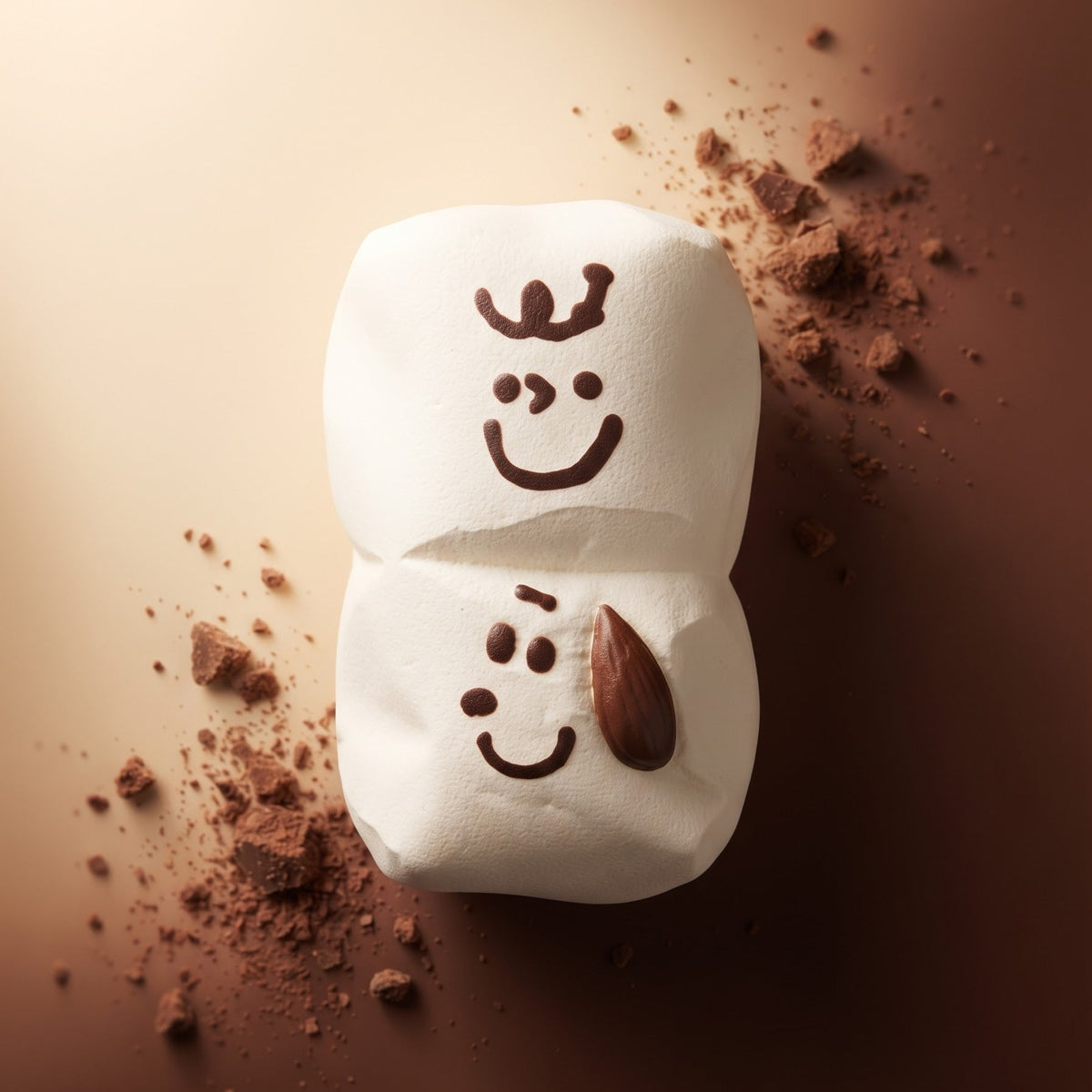 Two stacked white marshmallows decorated with brown chocolate faces and cocoa powder, with a small almond on the lower marshmallow, set against a dark brown background with cocoa powder scattered around.