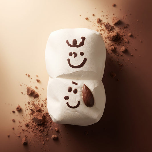 Two stacked white marshmallows decorated with brown chocolate faces and cocoa powder, with a small almond on the lower marshmallow, set against a dark brown background with cocoa powder scattered around.