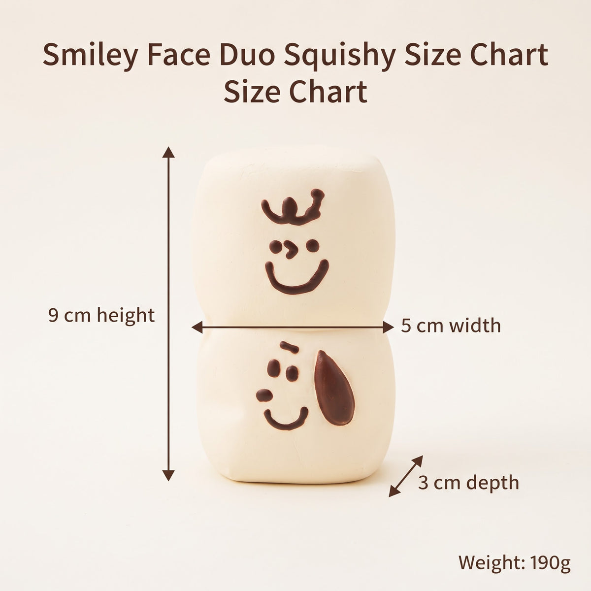 A size chart graphic for the Smiley Face Duo Squishy, showing a cream-colored squishy toy with dark brown face details, annotated with dimensions: 9 cm height, 5 cm width, and 3 cm depth, plus a weight of 190g.