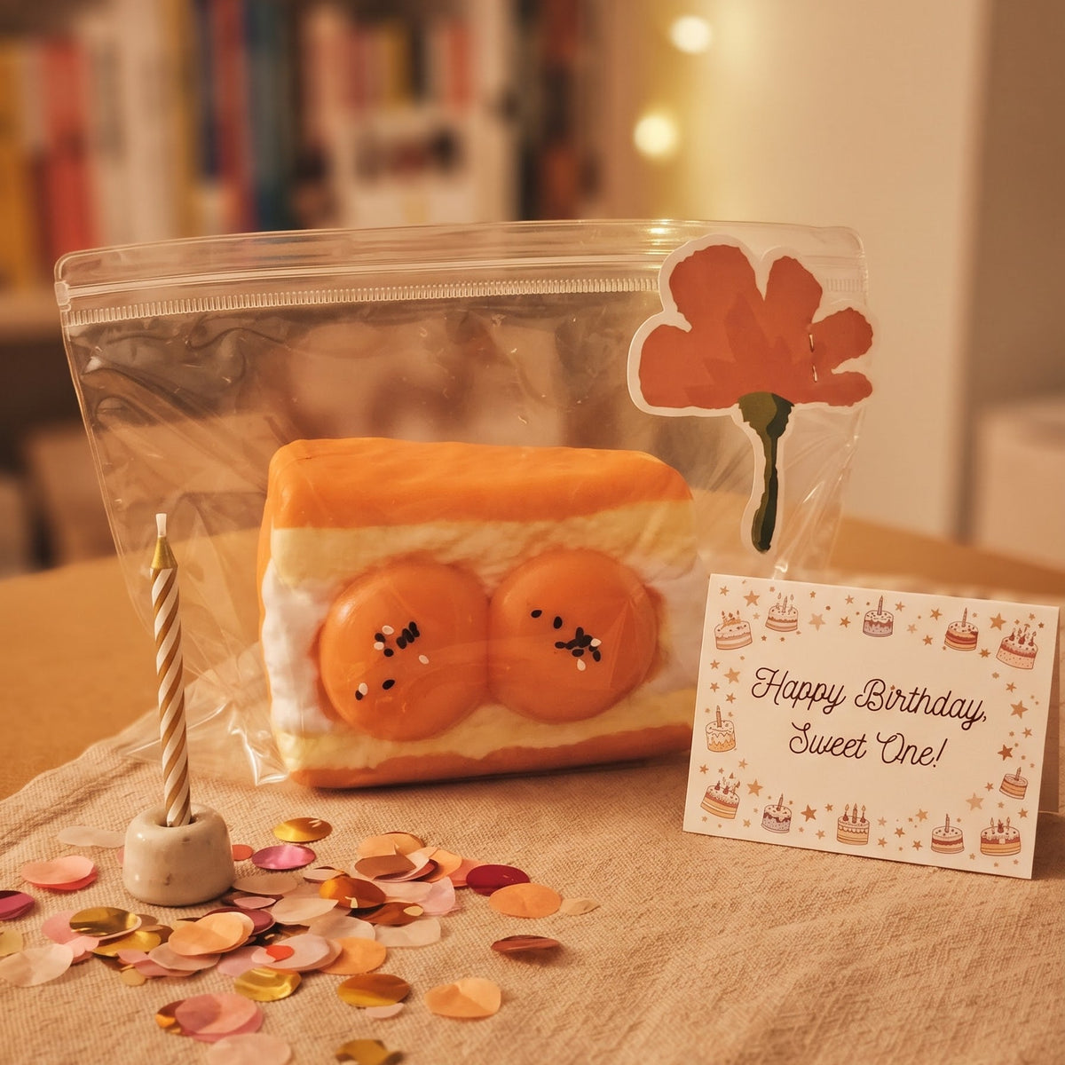 A cute birthday gift set for a child's first birthday, featuring a slice-of-cake-shaped squishy toy inside a clear zip bag, a candle, a flower sticker, and a 'Happy Birthday Sweet One!' card on a beige tablecloth.