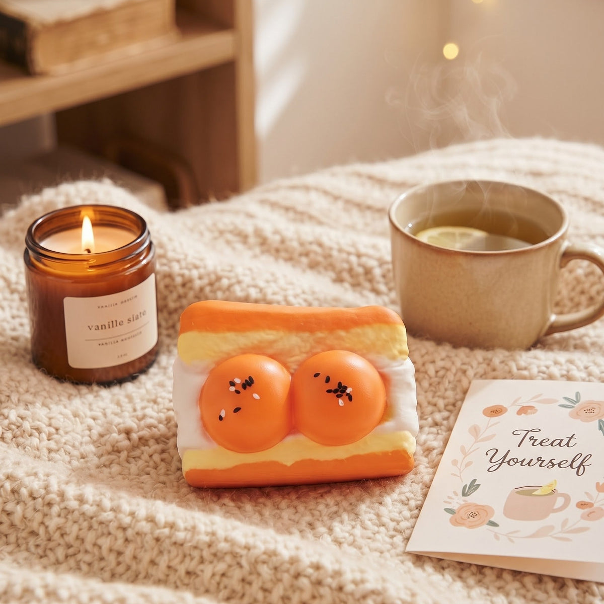A cozy lifestyle scene on a cream knit blanket featuring a sandwich-shaped novelty item with two orange faces, a lit amber candle, a ceramic mug with steam, and a card that says 'Treat Yourself'.
