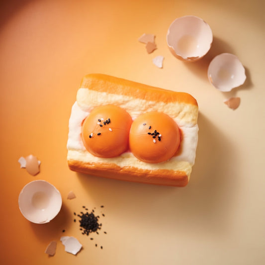 A novelty food item shaped like a sandwich with two raw egg yolks on top, styled with broken eggshells and black sesame seeds on a warm beige background.