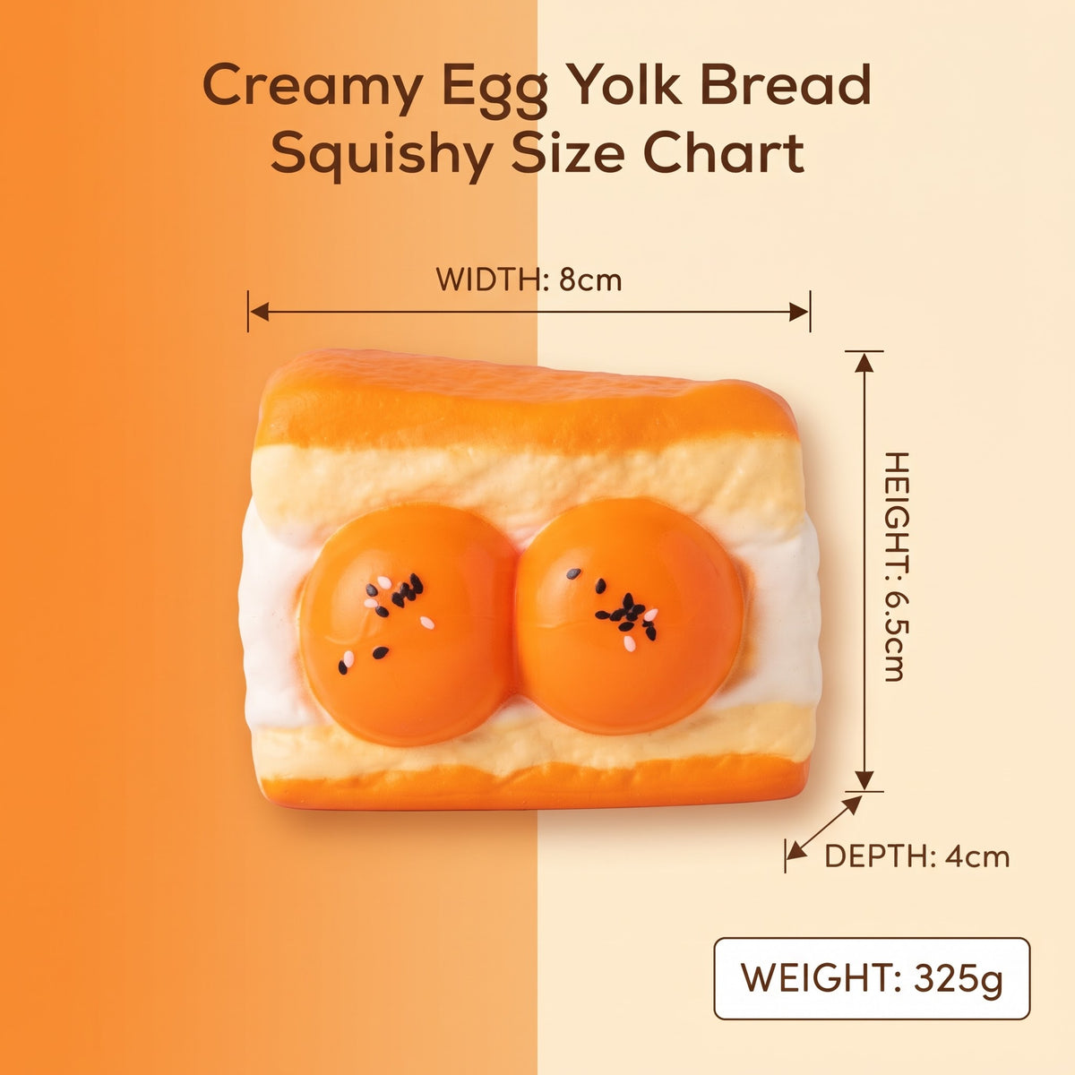 A product size chart graphic for a squishy toy bread shaped like a creamy egg yolk bread. The graphic shows the toy centered with dimension arrows and labels for width 8cm, height 6.