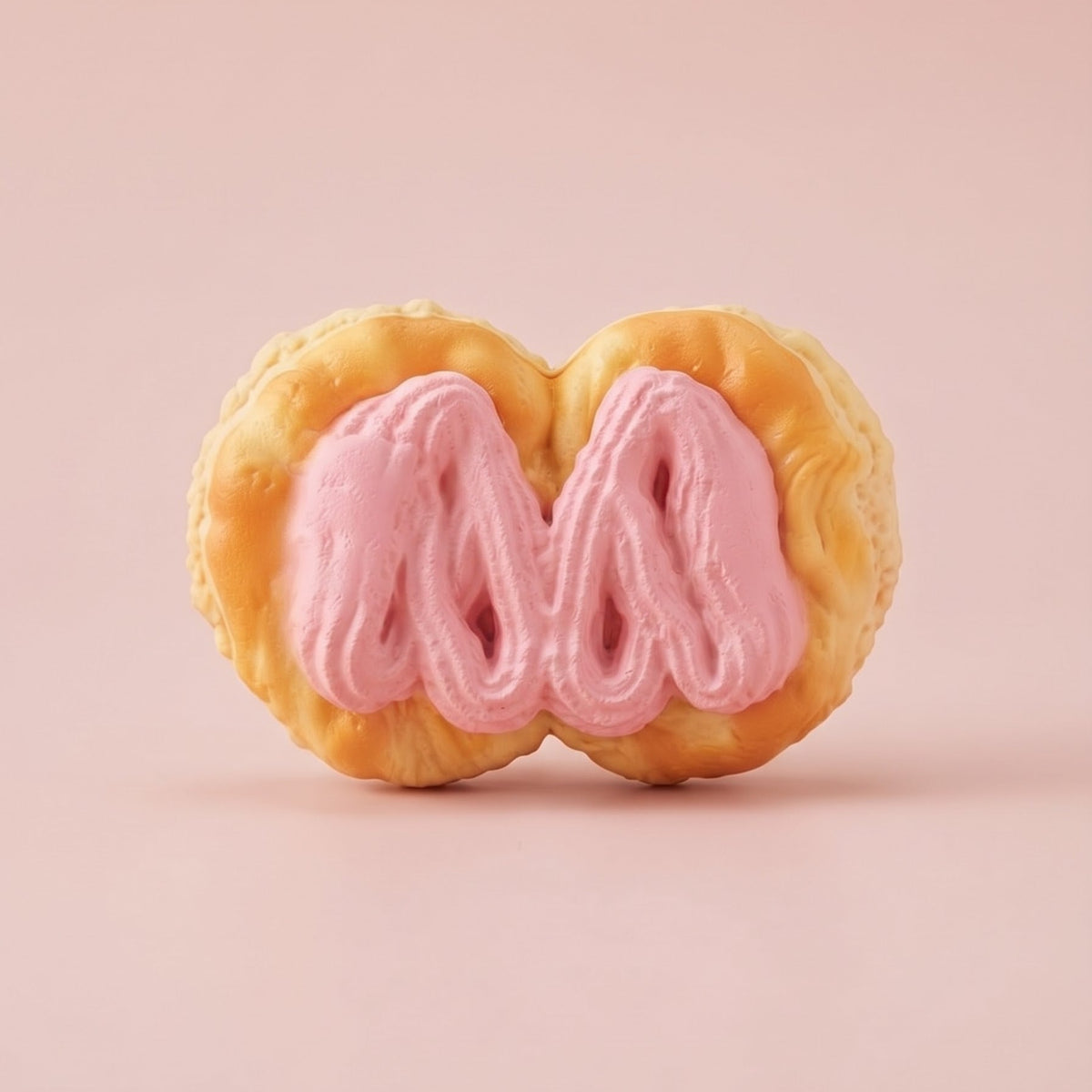 A single baked pastry or croissant-like pastrieson with golden-brown pastry and thick pink cream filling, centered on a soft light pink background.