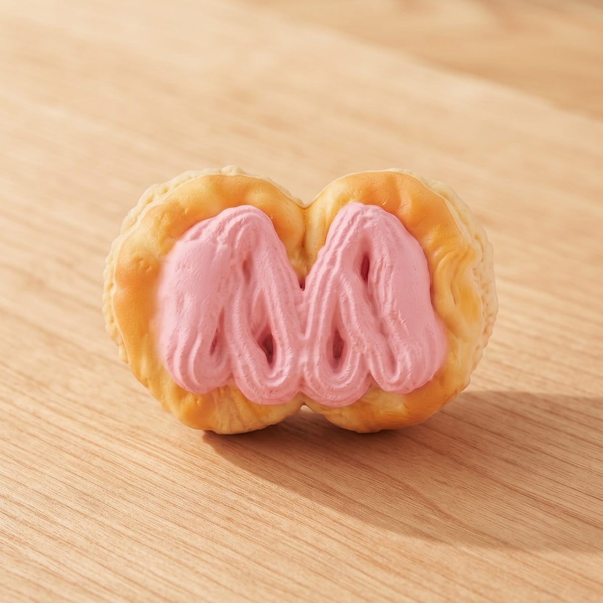 A close-up of a split golden-brown pastry or bread filling with pink cream, set on a light wood surface.