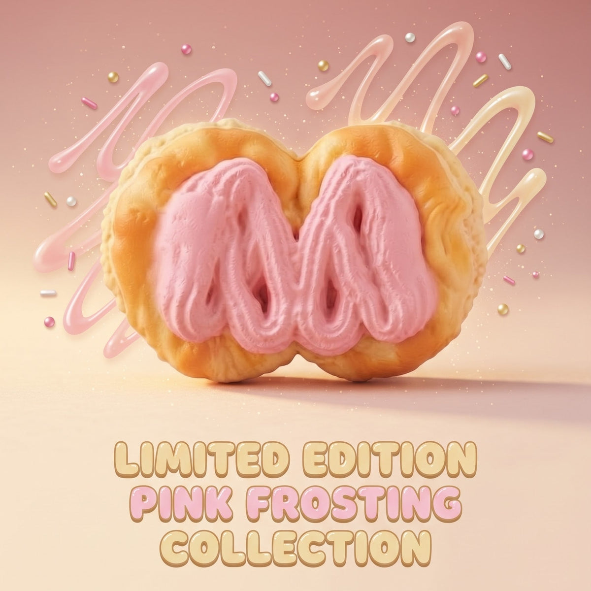 A heart-shaped pastry with pink frosting filling, shown on a soft pink background with decorative drizzles and sprinkles. Text at the bottom reads 'LIMITED EDITION PINK FROSTING COLLECTION'.