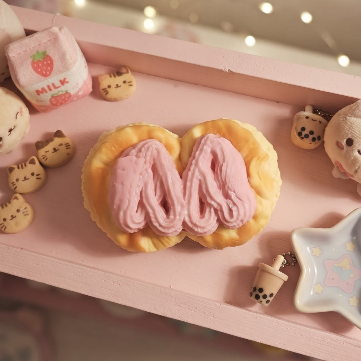 A miniature pink and yellow foam playdough cookie shaped like a split pastry with pink frosting, displayed on a pink shelf with small cute accessories including cat-face charms, a milk pouch, and a star-shaped dish.