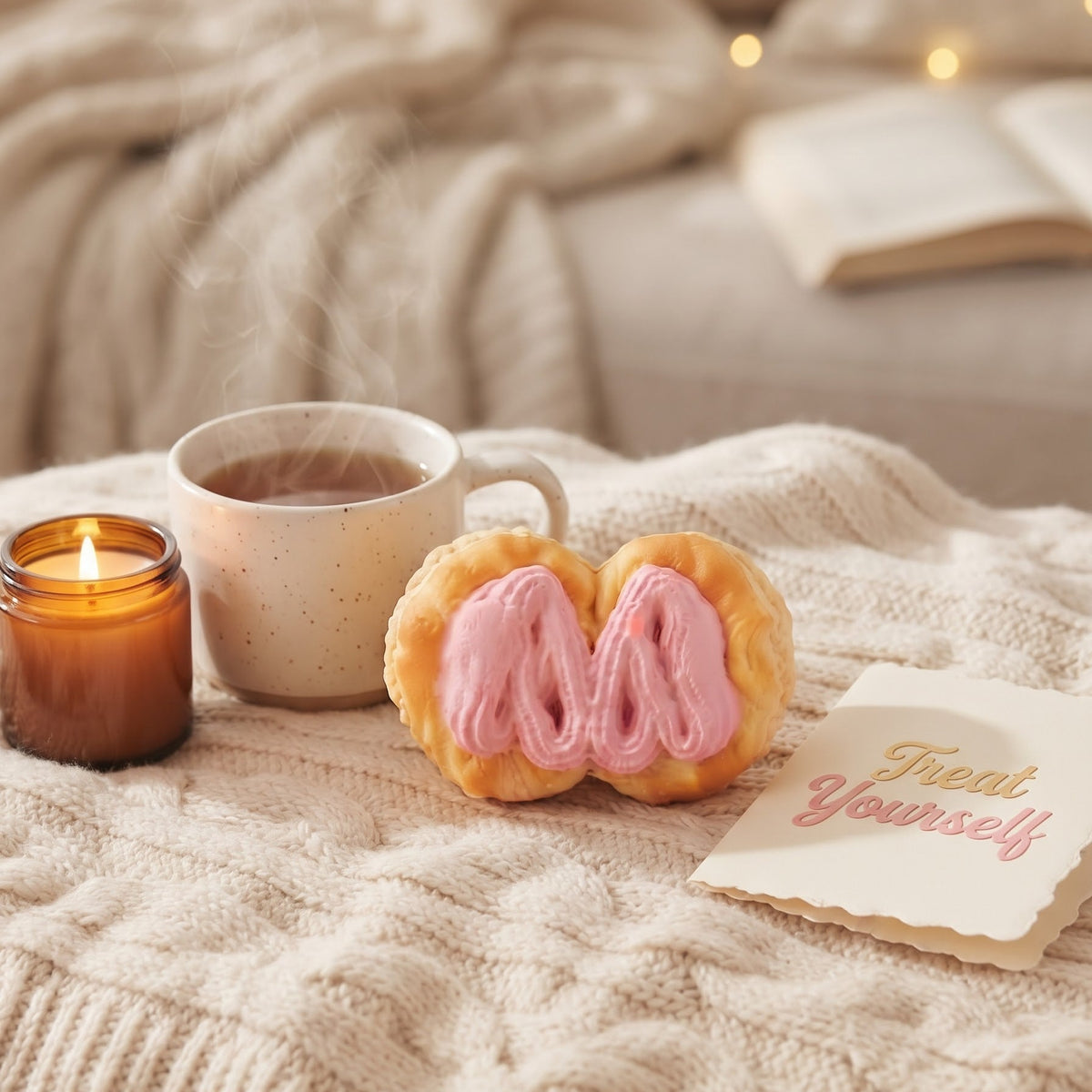A cozy lifestyle scene featuring a split donut with pink frosting, a mug of hot coffee, a lit amber candle, and a small card that reads 'Treat Yourself', all arranged on a cream cable-knit blanket with a blurred sofa and string lights in the background.
