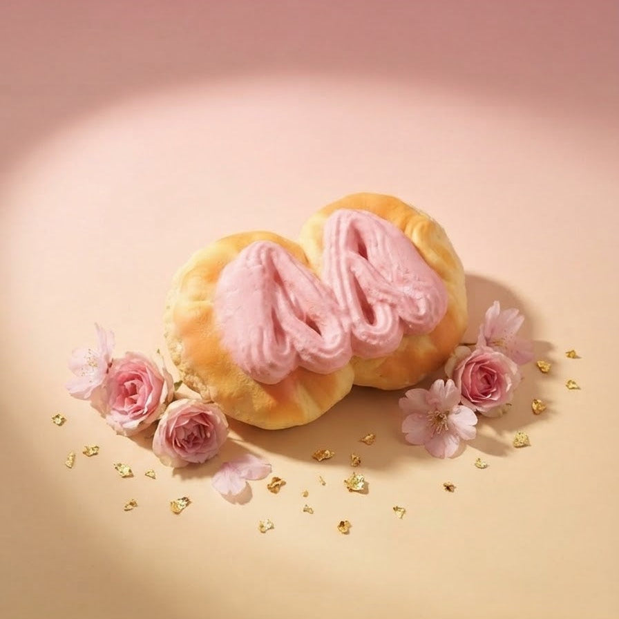 Two golden-brown pastries with pink frosting, arranged on a soft beige surface with pink flowers and small gold leaf accents against a pink background.