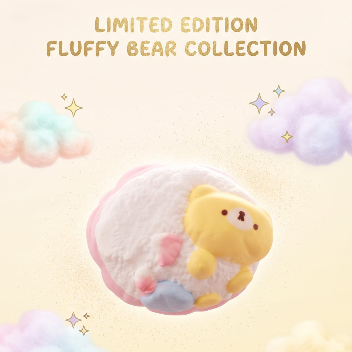A cute yellow plush bear character wrapped in fluffy white faux fur, floating in a pastel dreamy scene with clouds and the text 'LIMITED EDITION FLUFFY BEAR COLLECTION' at the top.