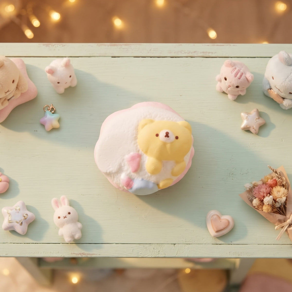 A pastel-colored decorative figurine or soap of a sleeping yellow bear on a white cloud base, displayed on a light mint green wooden surface surrounded by small cute animal and star decorations with warm fairy lights in the background.