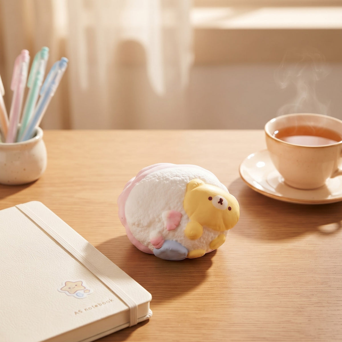 A cute pastel-colored plush pig toy sits on a wooden desk next to a notebook, a cup of tea, and a pencil holder, in a warm, sunny room.
