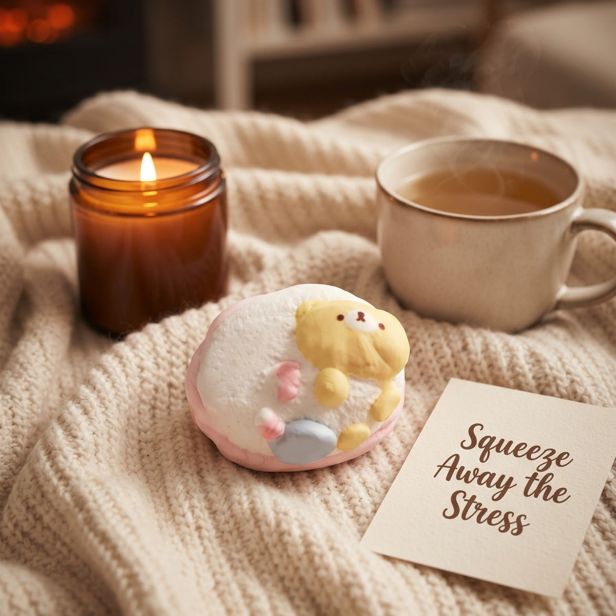A cute pastel marshmallow-style stress ball featuring a yellow chick and pink accents, styled on a cozy cream knit blanket next to a lit amber candle, a cup of tea, and a card that reads 'Squeeze Away the Stress'.