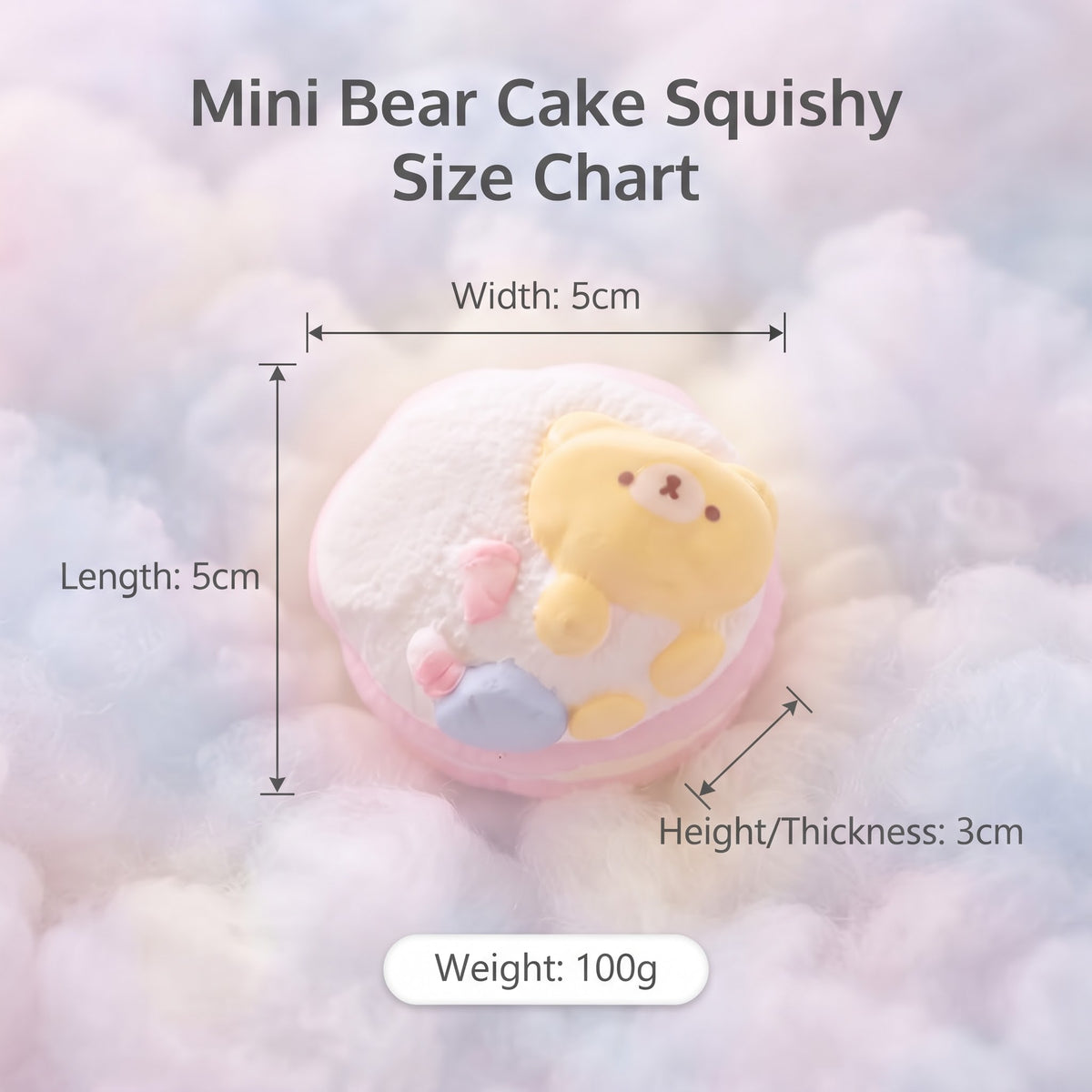 A size chart graphic for a mini bear cake squishy, showing a small yellow bear figure on a pink and white round cake-like base. Text labels indicate dimensions: width 5cm, length 5cm, height/thickness 3cm, and weight 100g, over a soft pastel cloud background.