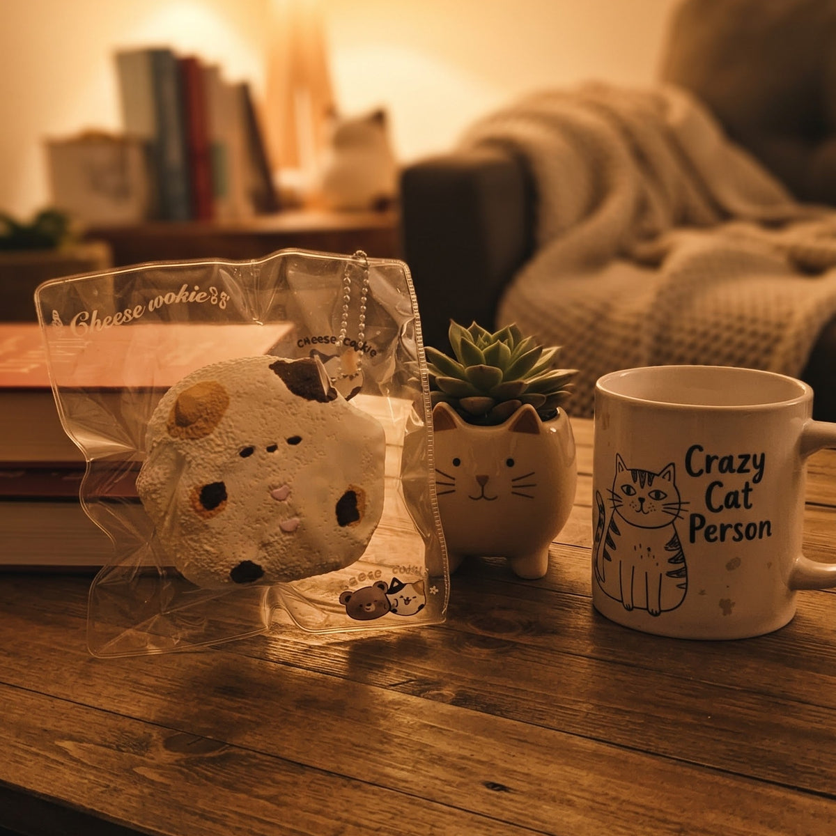 A cozy indoor scene on a wooden table showing a plush cat-shaped item in a clear plastic bag, next to a small cat-face planter and a white mug printed with 'Crazy Cat Person' and a cat illustration. A lamp, books, and a sofa are softly blurred in the background.