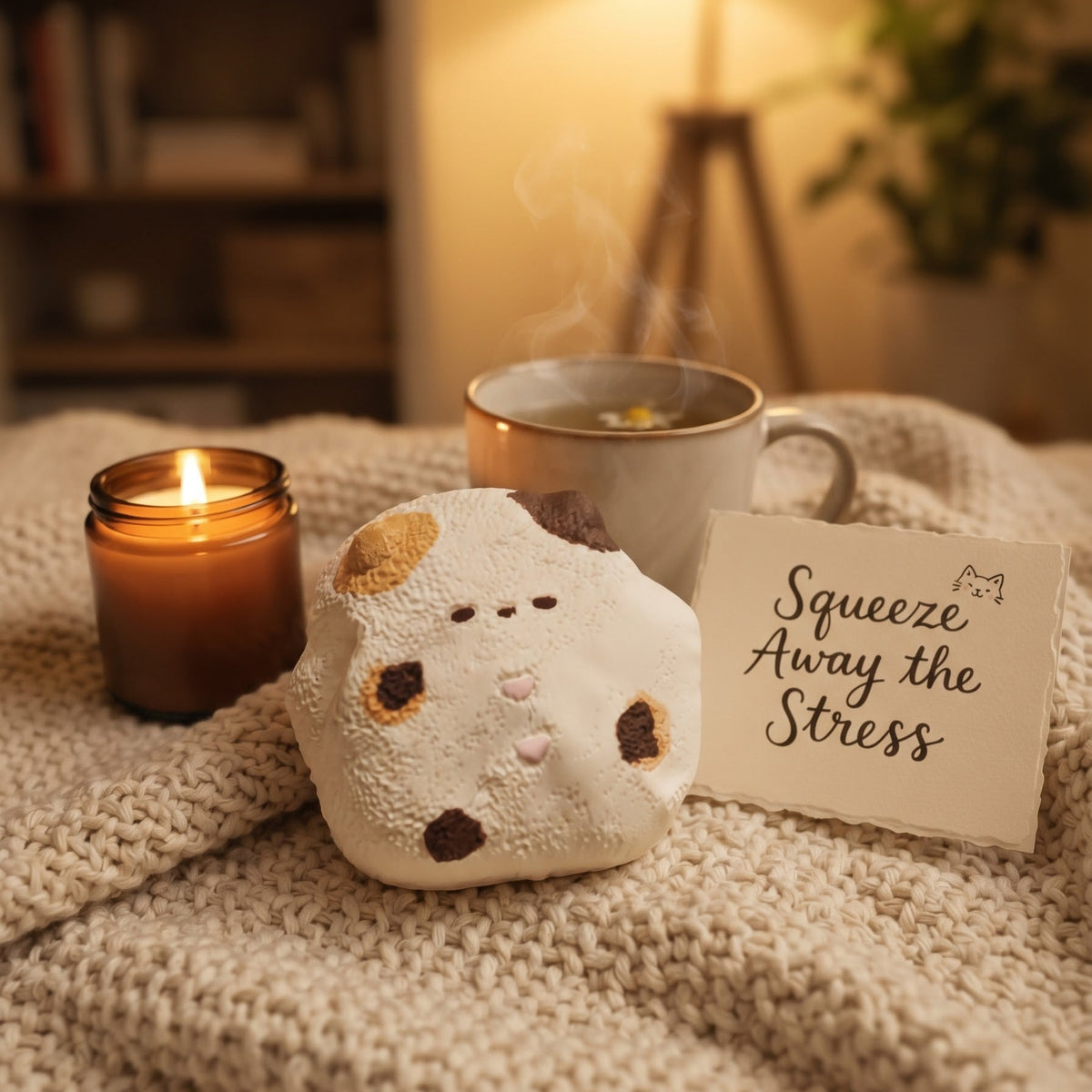 A cozy lifestyle scene featuring a cute, plush white bear-shaped stress-relief pillow with embroidered facial features, styled on a chunky knit blanket next to a lit amber candle, a steaming mug, and a card that reads 'Squeeze Away the Stress'.