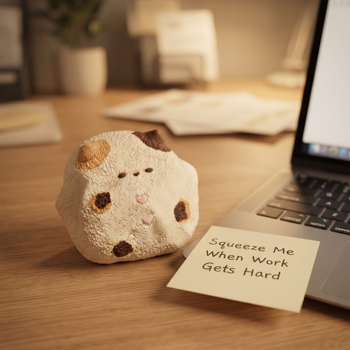 A cute, plush stress toy shaped like a cow face made from a crumpled paper bag sits on a wooden desk next to a sticky note that reads 'Squeeze Me When Work Gets Hard'. The background shows a softly blurred office desk setup with a laptop and warm lighting.