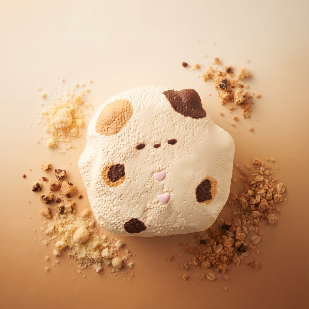 A cute, round, marshmallow-like character dessert or cookie with a chibi face, styled on a warm beige background with scattered granola crumbs.