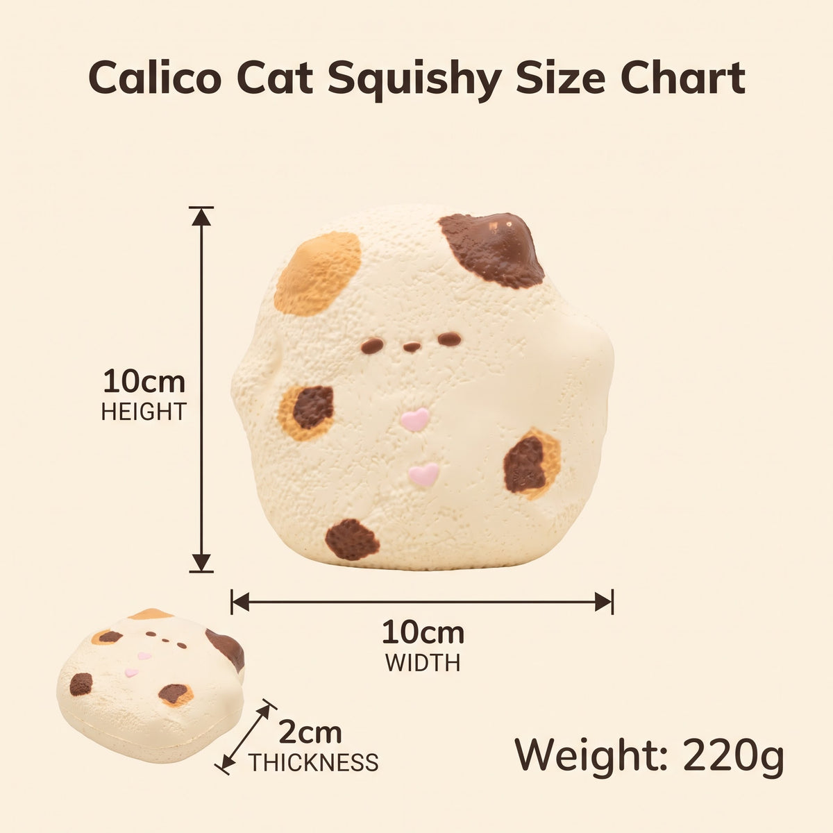 Calico Cat Squishy size chart showing a cute, round, textured squishy toy with dimensions labeled as 10cm height, 10cm width, and 2cm thickness, with a weight of 220g, on a light beige background.
